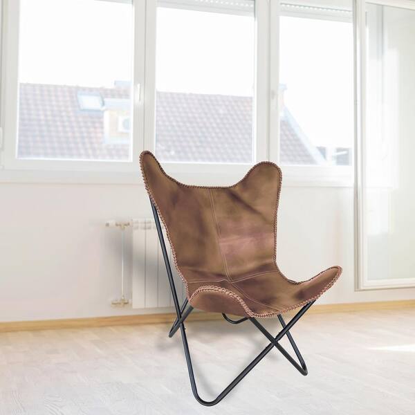 AmeriHome Tan Genuine Leather Butterfly Chair with Black Powder Coated
