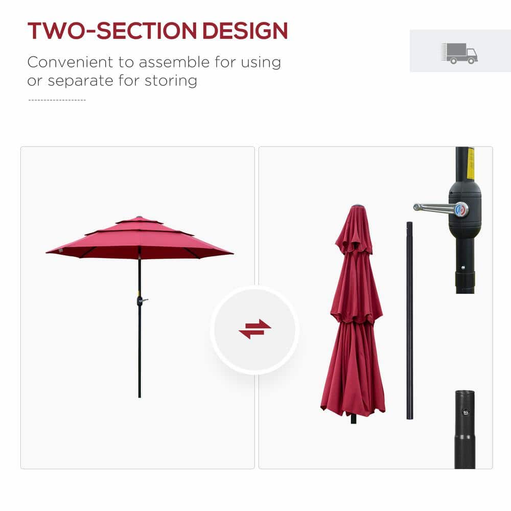 Wine Red 9' 3-Tier Outdoor Patio Umbrella with Crank and Tilt