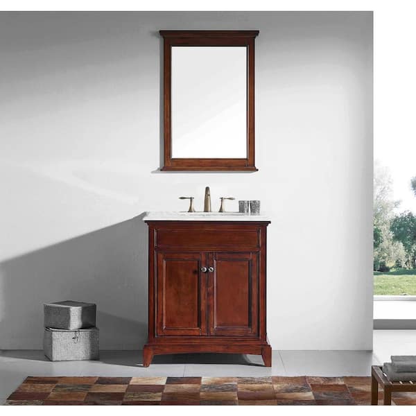 Eviva Elite Stamford 30 in. W x 24 in. D x 36 in. H Bath Vanity in Teak with Crema Marfil Carrara Marble Top with White Sink