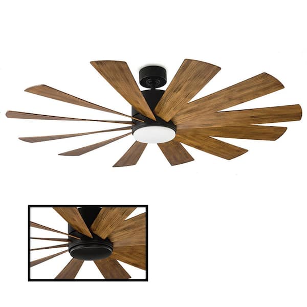Modern Forms Windflower 60 in. Smart Indoor/Outdoor 12-Blade Ceiling Fan Matte Black Distressed Koa with 3000K LED and Remote Control