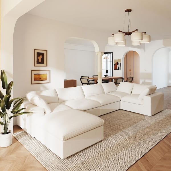 Oversized Convertible 118 in. Square Arm Linen 6-Piece Wood Cloud Modular Sectional Sofa in White with Storage Ottoman
