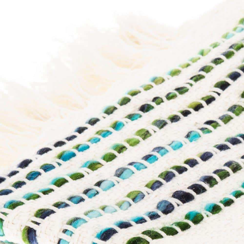 Landra Blue and Green Cotton Knitted Fringe Throw Blanket