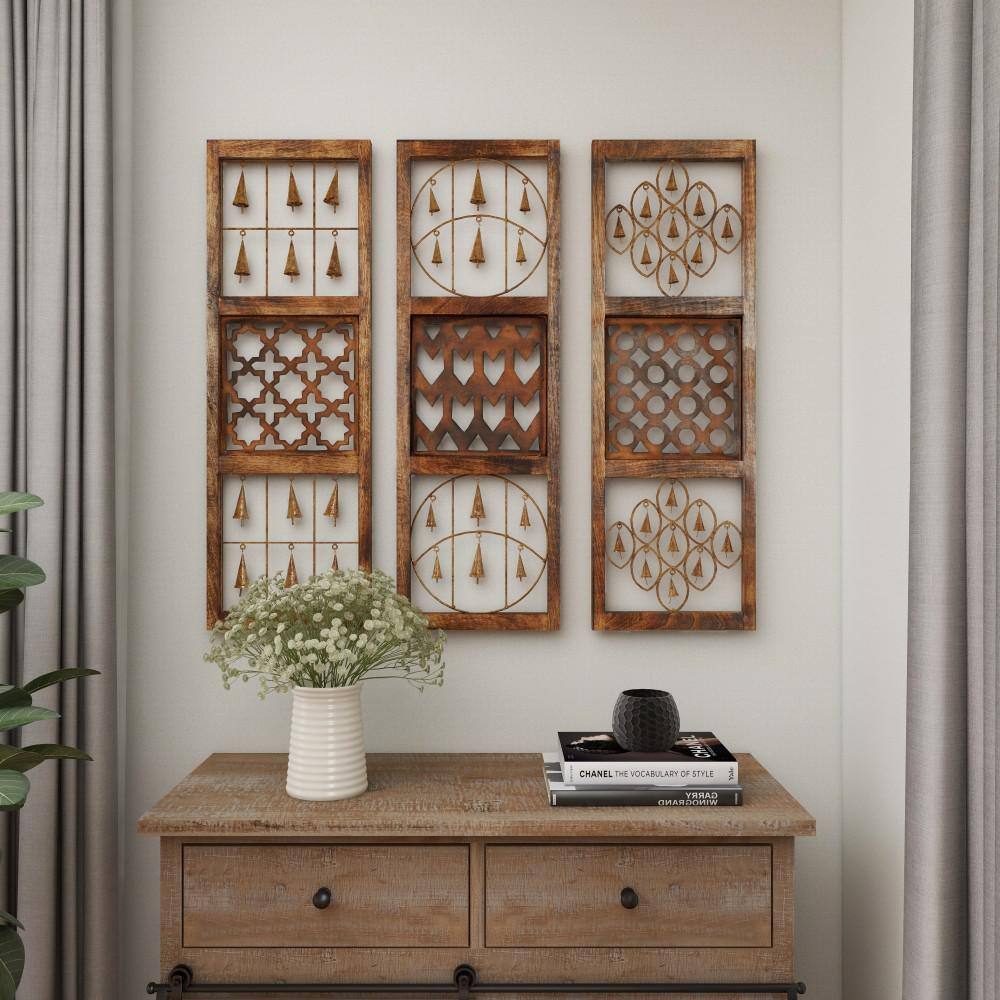 Brown Wood and Metal Bell Wall Decor Set of Three