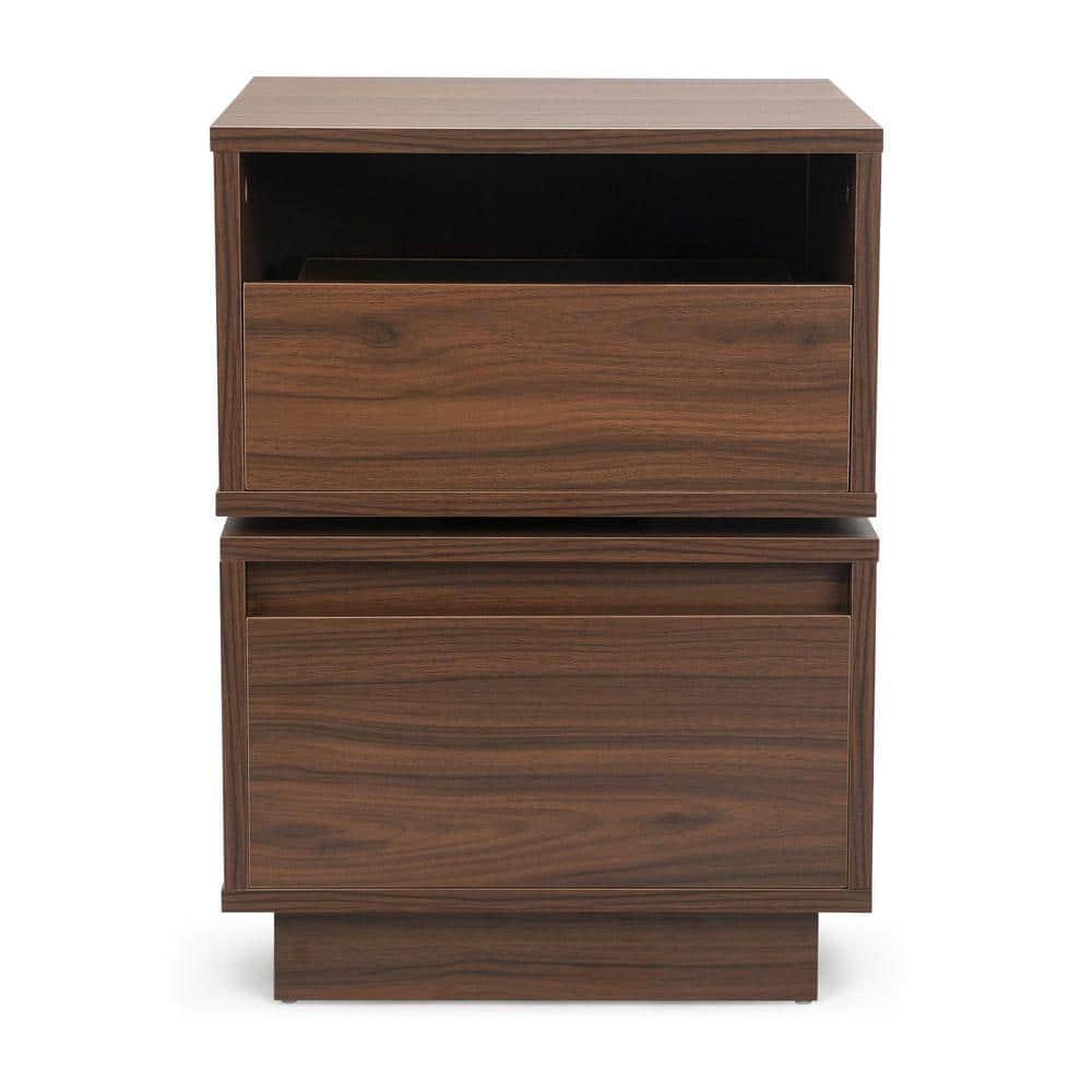 Walnut 2-Drawer 15.74 in. Rotatable Nightstand End Table for Bedroom, Closet, Entryway and College Dorm