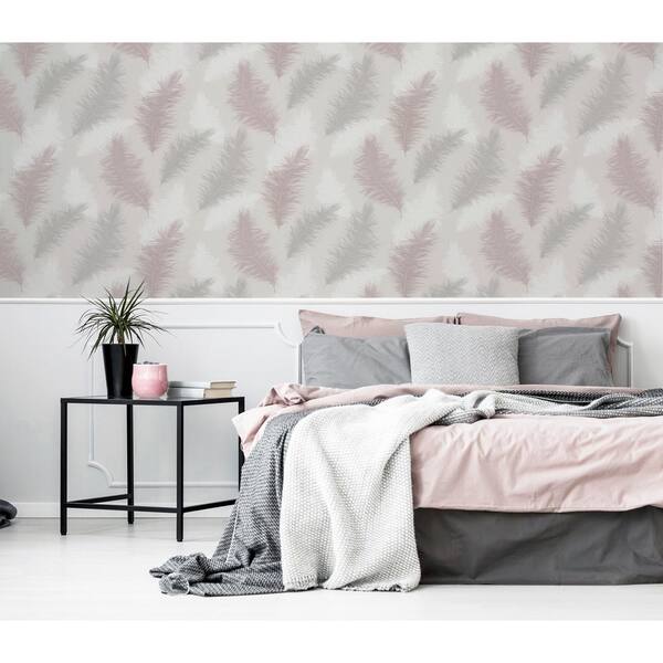 Sussurro Large Feather Wallpaper Blush Pink Grey Silver Glitter