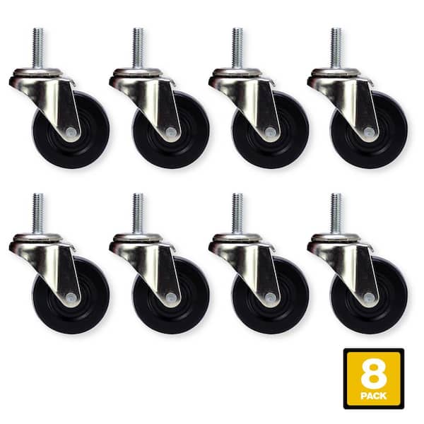 2 in. Black Soft Rubber and Steel Swivel Threaded Stem Casters with 80 lbs. Load Rating 8 Pack