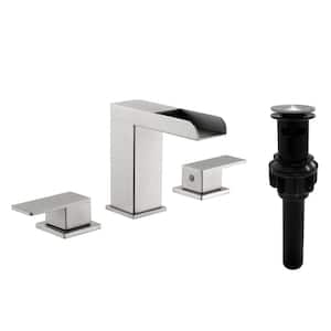 8 in. Widespread Double Handle Bathroom Faucet Waterfall 3 Hole Bathroom Sink Faucet with Pop Up Drain in Brushed Nickel