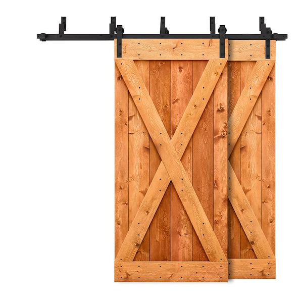 CALHOME 68 in. x 84 in. X Bypass Red Walnut Stained DIY Solid Wood Interior Double Sliding Barn Door with Hardware Kit