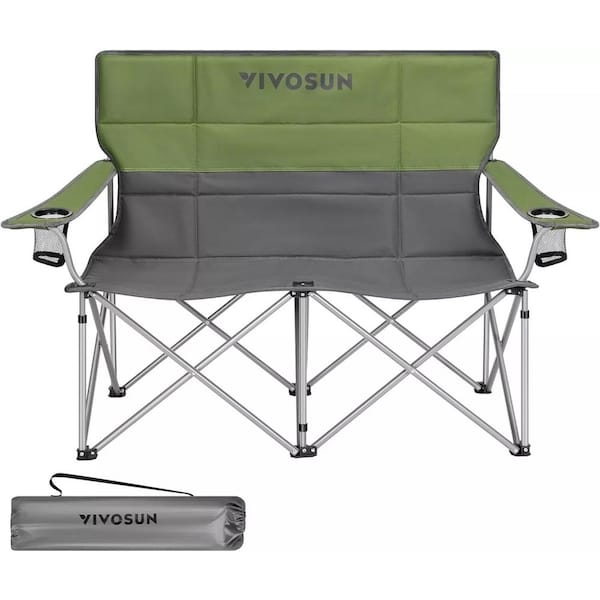 VIVOSUN Portable Metal Folding Double Lawn Chair with Cup Holder and Carry Bag in Green and Gray