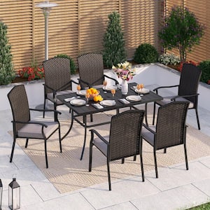 Black 7-Piece Metal Patio Outdoor Dining Set with Rectangle Table and Rattan Chairs with Beige Cushion