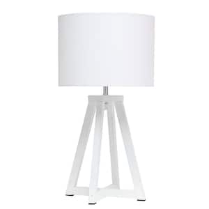 19 in. White Wood Interlocked Triangular Table Lamp with White Fabric Shade