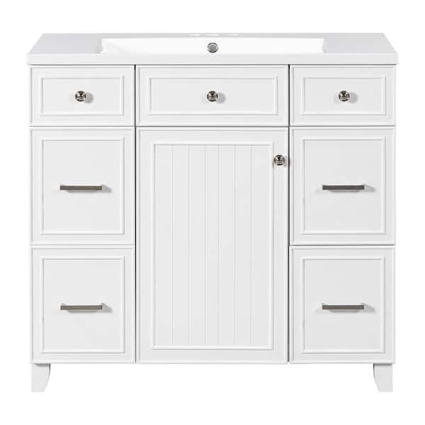 36 in. Single Sink Freestanding White Bath Vanity with White Resin Top, Adjustable Shelves