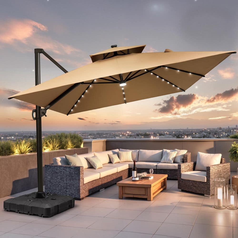 corliving taupe patio umbrella with solar power led lights Best Choice Products 10ft Lighted w/ Tilt Adjustment, UV-Resistant Fabric sided shade PURPLE LEAF 15 ft. Solar