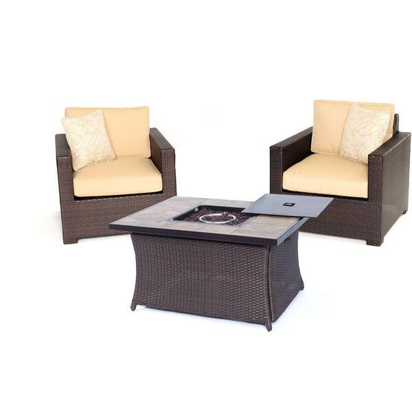 Hanover Metropolitan 3-Piece All-Weather Wicker Patio LP Gas Fire Pit Chat Set with Sahara Sand Cushions