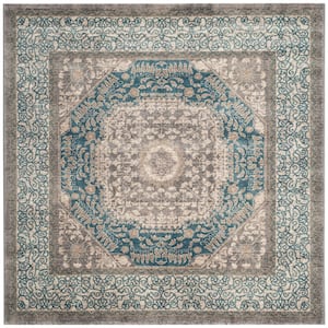 Sofia Light Gray/Blue 3 ft. x 3 ft. Square Border Area Rug