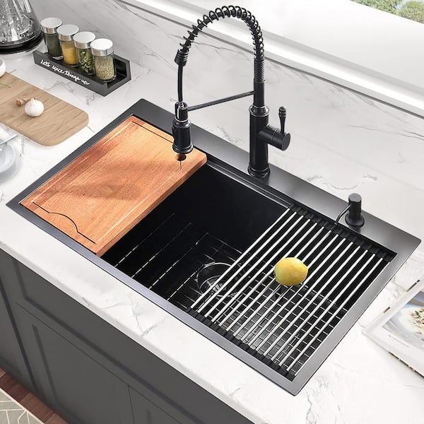 33 in. Drop-In Single Bowl 16 Gauge Matte Black Stainless Steel Kitchen Sink with Bottom Grids with Accessories