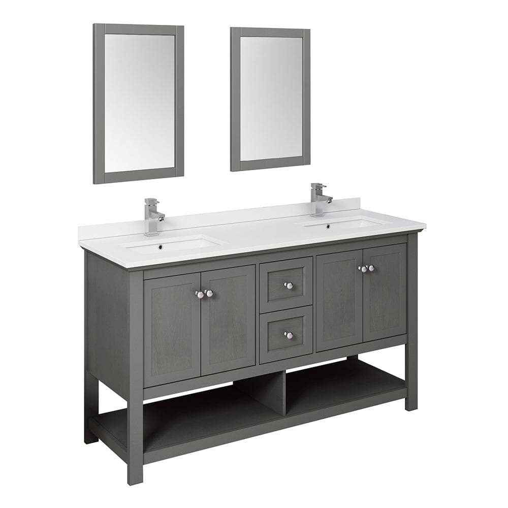 Manchester Regal 60 in. W Double Vanity in Gray Wood with Quartz Stone Vanity Top in White with White Basins, Mirrors -  Fresca, FVN2360VG-D