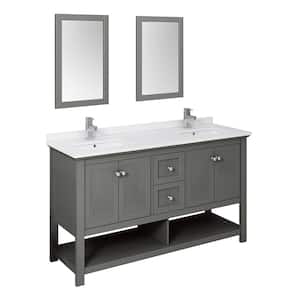 Manchester Regal 60 in. W Double Vanity in Gray Wood with Quartz Stone Vanity Top in White with White Basins, Mirrors