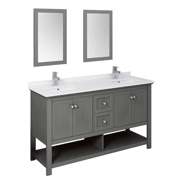Fresca Manchester 60 in. Double Sink Shaker-Style Gray Wood Veneer Bath Vanity with White Quartz Top, Integrated Sink & Mirror