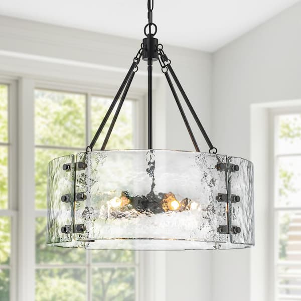 5-Light Drum Pendant Chandelier with Hammered Glass Shade, Modern Industrial Hanging Light for Dining Room or Foyer