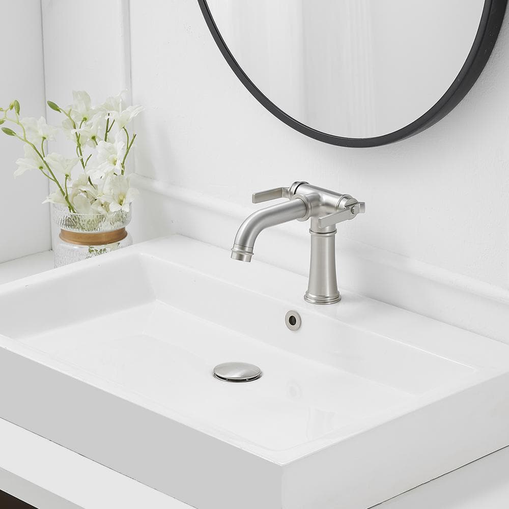 Brushed Nickel Double Handle Industrial Bathroom Faucet