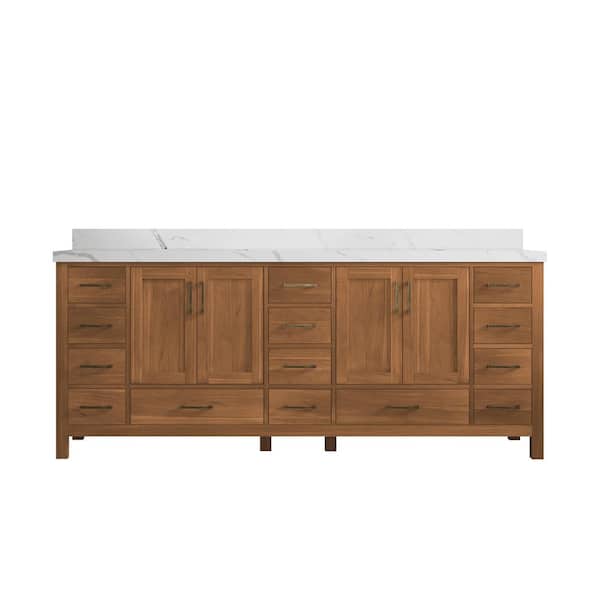 Willow Collections Malibu Teak 84 in. W x 22 in. D x 36 in. H Double Sink Bath Vanity in Gold Teak with 2" Calacatta Quartz Top
