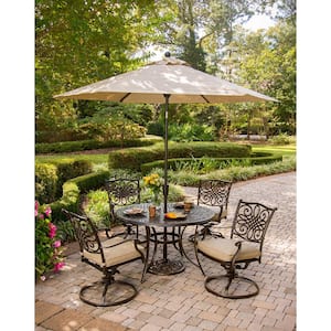 Traditions 5-Piece Outdoor Patio Dining Set and Umbrella with Natural Oat Cushions