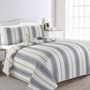 Blue Farmhouse Inspired Stripe Full/Queen Microfiber 3-Piece Quilt Set Bedspread