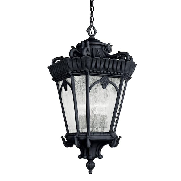 KICHLER Tournai 4-Light Black Outdoor Porch Hanging Pendant Light with Clear Seeded Glass (1-Pack)
