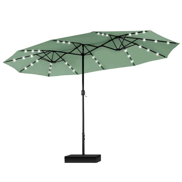 PHI VILLA 15 ft. Market Patio Umbrella With Lights Base and Sandbags in Mint Green