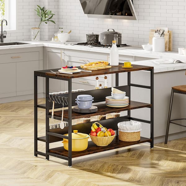 Rustic Wood Kitchen Island with Power Outlet Storage Shelves Baskets Metal  Frame