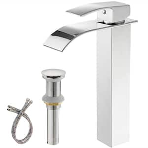 Single Handle Brass Waterfall Bathroom Vessel Sink Faucet with Pop-Up Drain Assembly in Polished Chrome