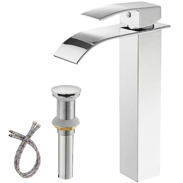 FLG Single Handle Brass Waterfall Bathroom Vessel Sink Faucet with Pop-Up Drain Assembly in Polished Chrome