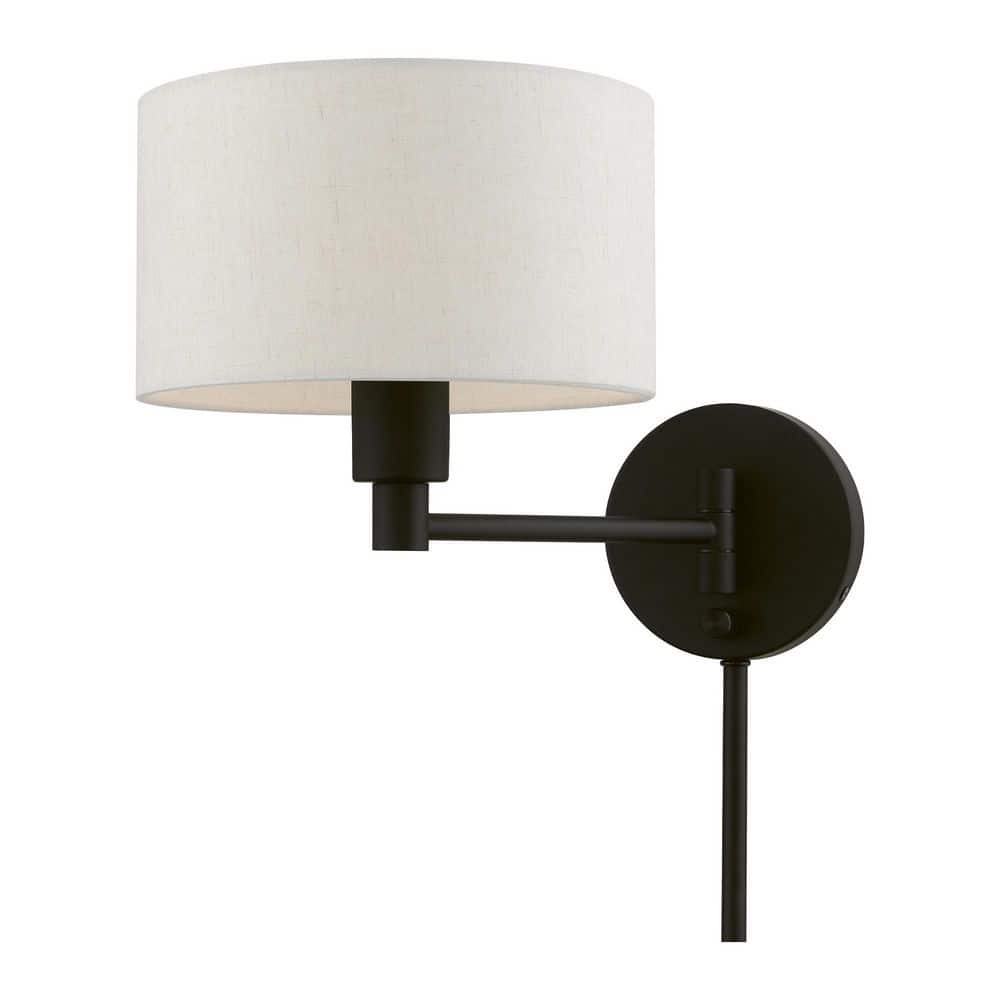 Transitional Black Swing Arm Wall Lamp with Oatmeal Fabric Shade