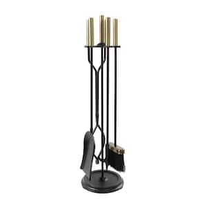30 in. Tall 5-Piece Antique Brass and Black Neoclassic Fireplace Tool Set