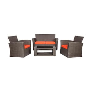 Hudson 4-Piece Gray Wicker Outdoor Patio Loveseat and Armchair Conversation Set with Orange Cushions and Coffee Table
