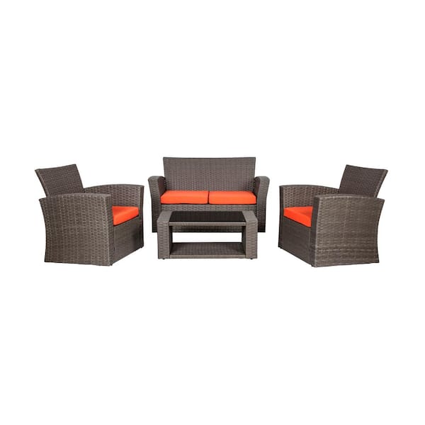 WESTIN OUTDOOR Hudson 4-Piece Gray Wicker Outdoor Patio Loveseat and Armchair Conversation Set with Orange Cushions and Coffee Table