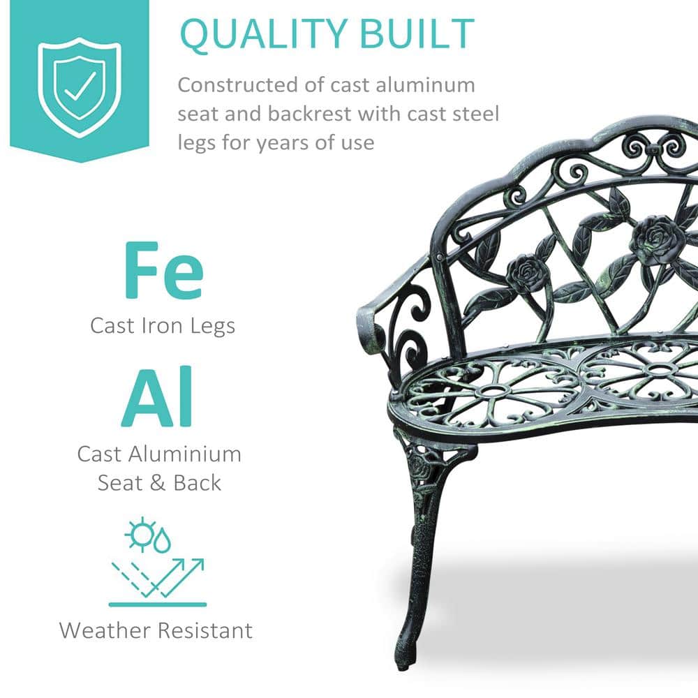 Antique Green Cast Aluminum Outdoor Bench with Floral Design