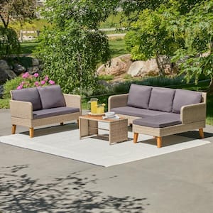 Chloe Greige 3-Piece Wicker Patio Conversation Sectional Seating Set with Gray Cushions