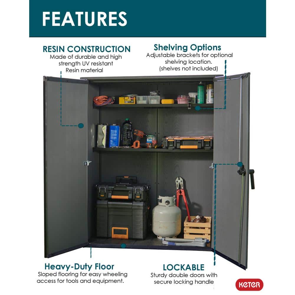 Gray Resin Vertical Outdoor Storage Shed with Double Doors