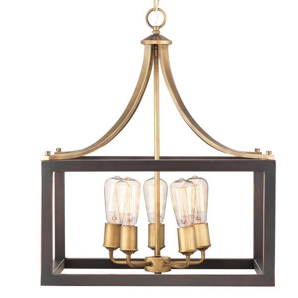 Progress Lighting Boswell Quarter 5-Light Vintage Brass Pendant with Painted Black Distressed Wood Accents