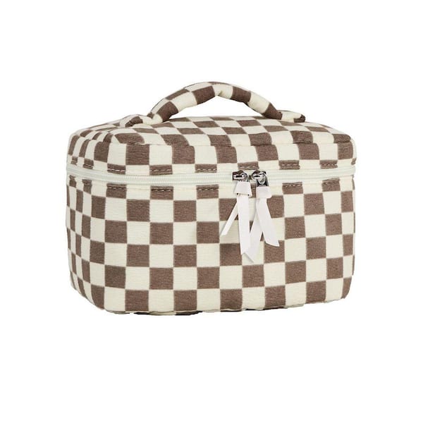 Light Checkerboard Floral Quilted Makeup Bag with Handle-Large Capacity Travel Toiletry Cosmetic Organizer for Women