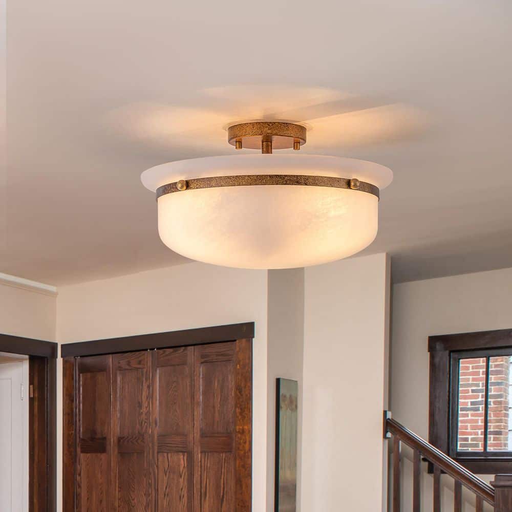 ZYZWMB 15 in. 3-Light Antique Brass Drum Semi-Flush Mount with