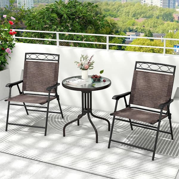 Black 3-Piece Metal Round Outdoor Bistro Set Patio Pub Dining Set with 2 Folding Chairs & Glass Table