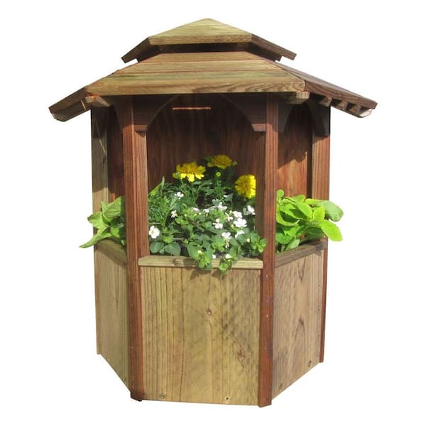 SamsGazebos 19.5 in. Wide x 19 in. Tall Wood Wall Mount Gazebo Planter with Pagoda Roof, Treated with Semi-Transparent Brown