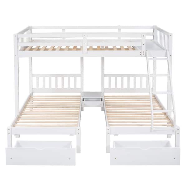Unbranded White Full Over Twin and Twin Triple Bunk Bed with Drawers and Guardrails