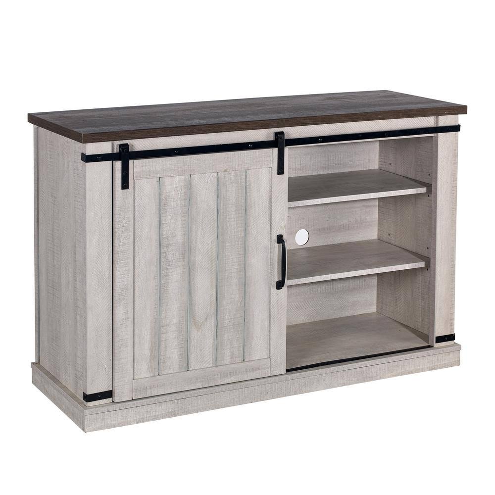 Saw Cut Off White Rustic Sliding Barn-Door TV Stand