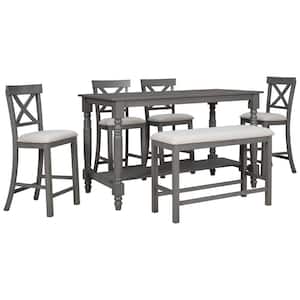 6-Piece Gray Wood Counter Height Dining Table Set with Shelf, 4-Chairs and Bench