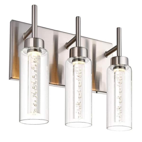 17.3 in 3 Light Brushed Nickel Integrated LED Vanity Light Bar with Clear Glass Crystal Shades 5CCT Dimmable