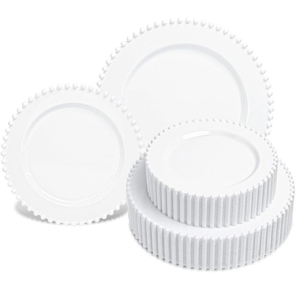 50-Pack White Beaded Plastic Party Plates, 25 10-Inch Dinner and 25 7-Inch Dessert Plates